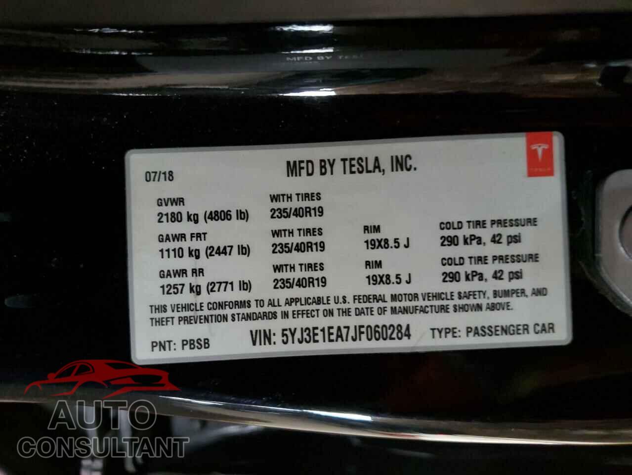 TESLA MODEL 3 2018 - 5YJ3E1EA7JF060284