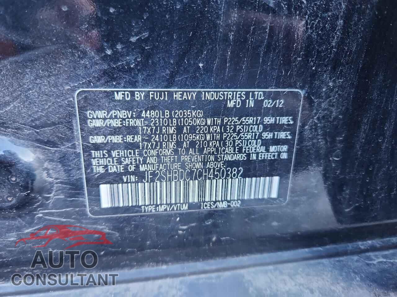 SUBARU FORESTER 2012 - JF2SHBDC7CH450382