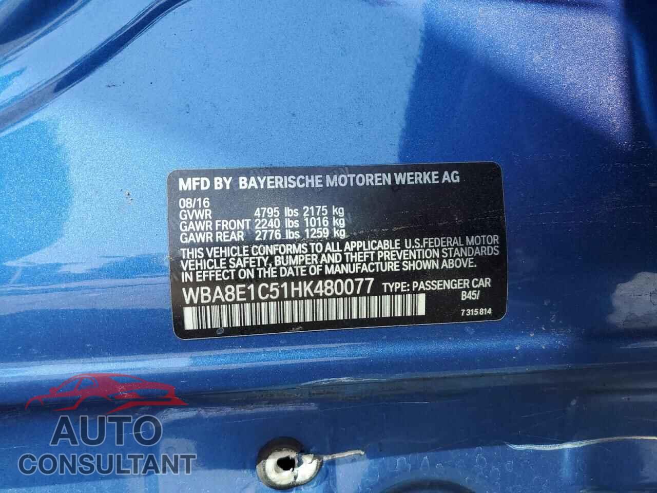 BMW 3 SERIES 2017 - WBA8E1C51HK480077