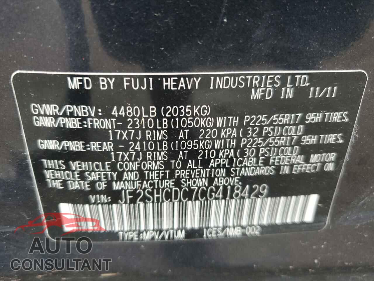SUBARU FORESTER 2012 - JF2SHCDC7CG418429