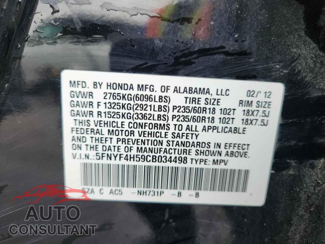 HONDA PILOT 2012 - 5FNYF4H59CB034498