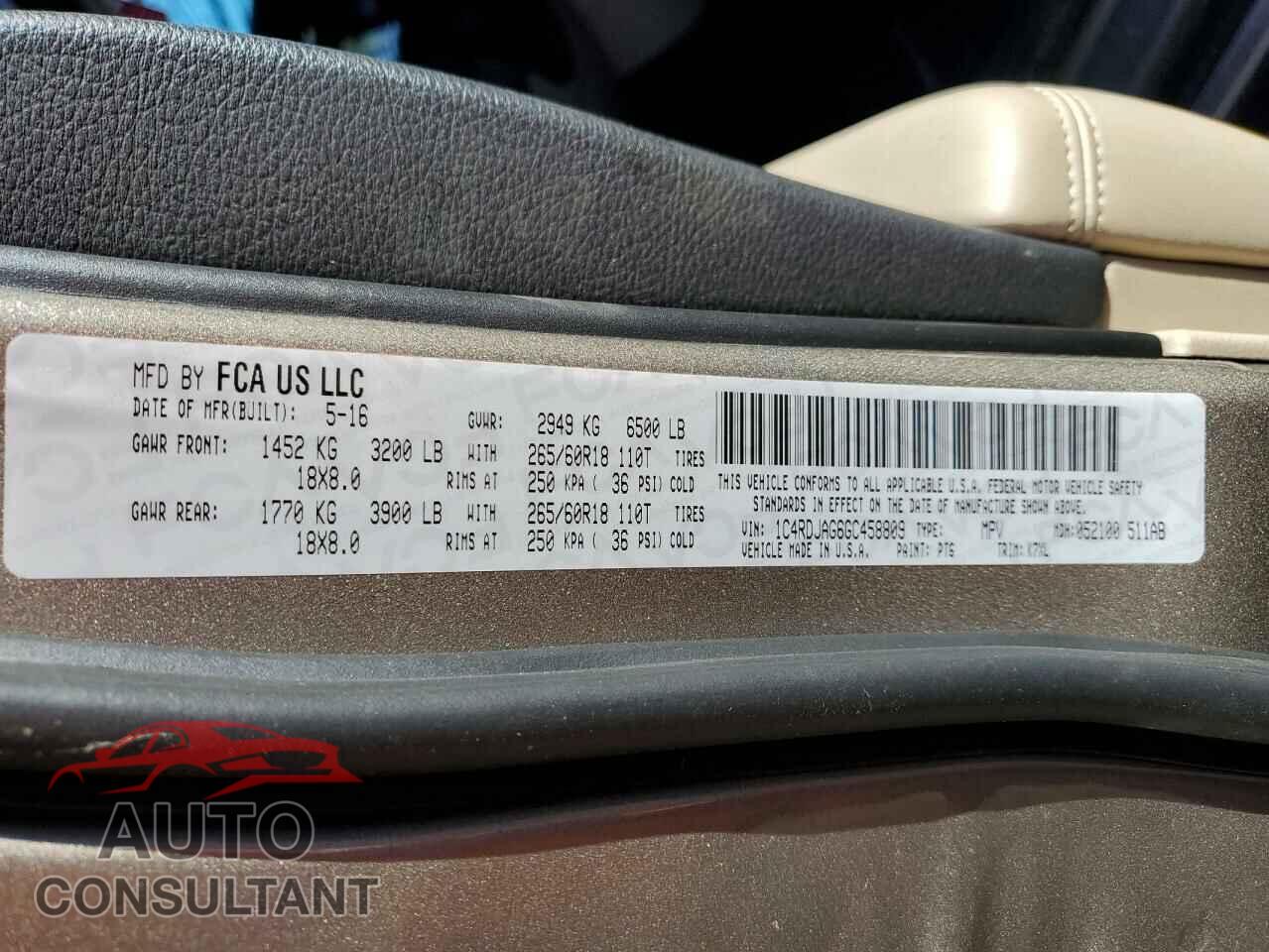 DODGE DURANGO 2016 - 1C4RDJAG6GC458809