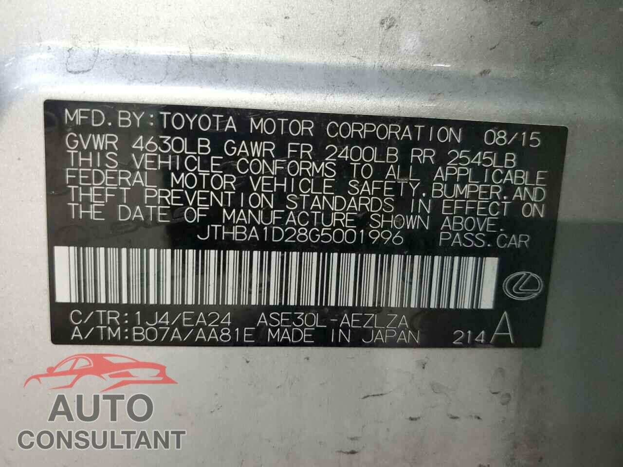 LEXUS IS 2016 - JTHBA1D28G5001996
