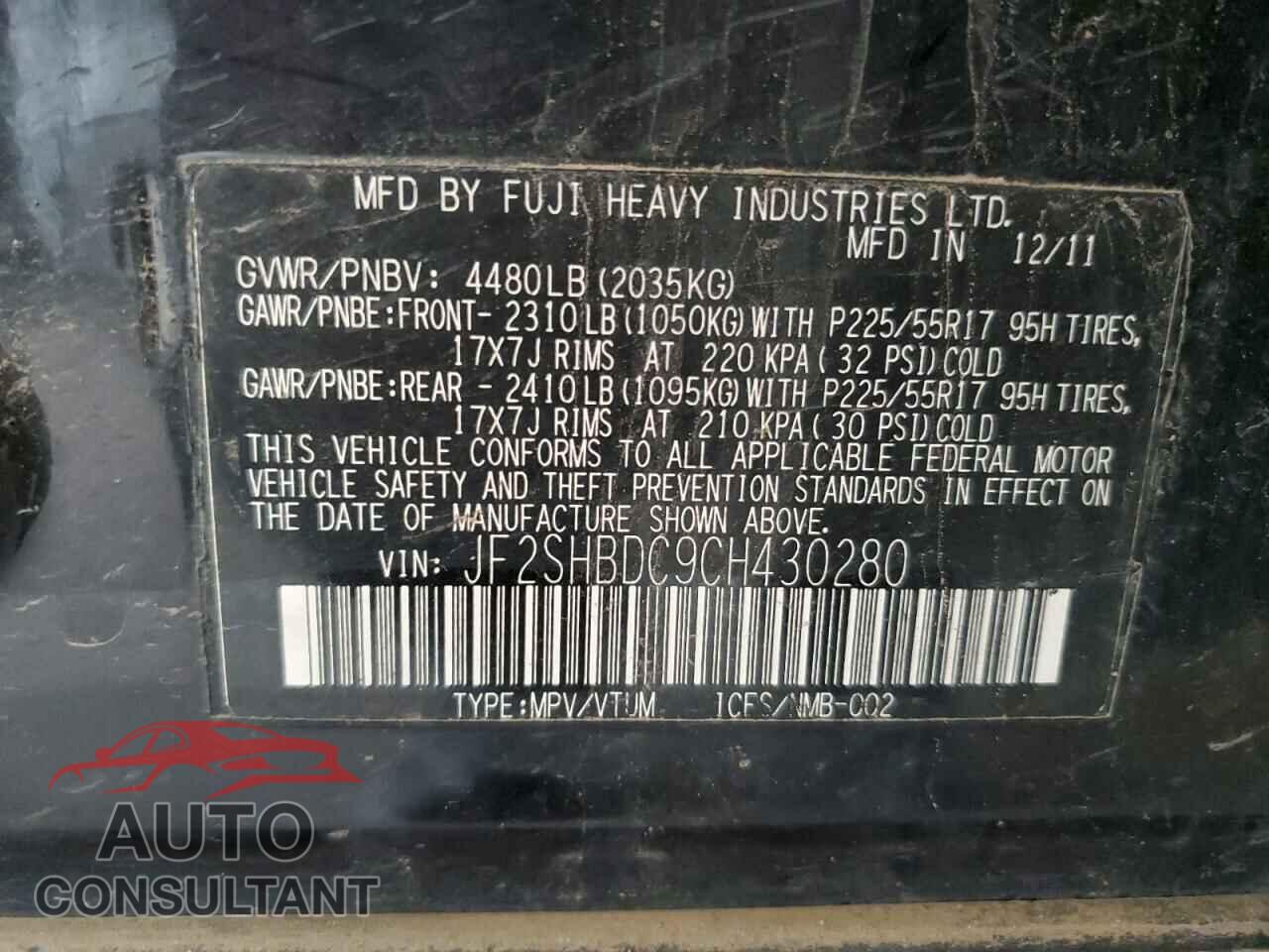 SUBARU FORESTER 2012 - JF2SHBDC9CH430280
