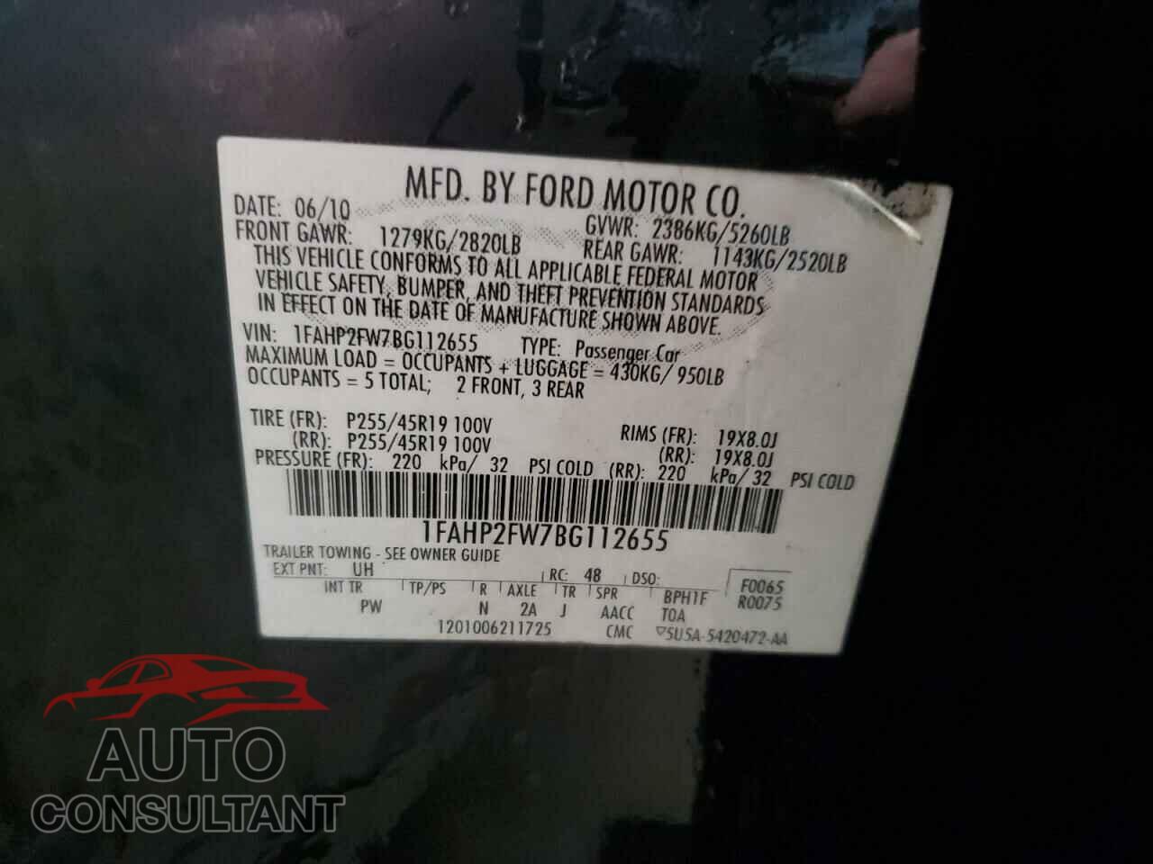 FORD TAURUS 2011 - 1FAHP2FW7BG112655