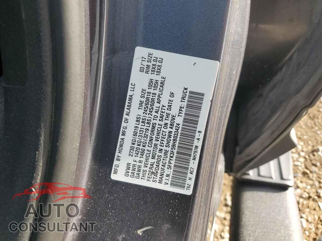 HONDA RIDGELINE 2017 - 5FPYK3F59HB033424