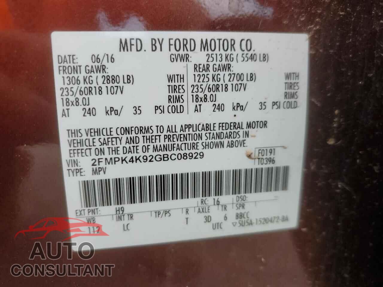 FORD EDGE 2016 - 2FMPK4K92GBC08929