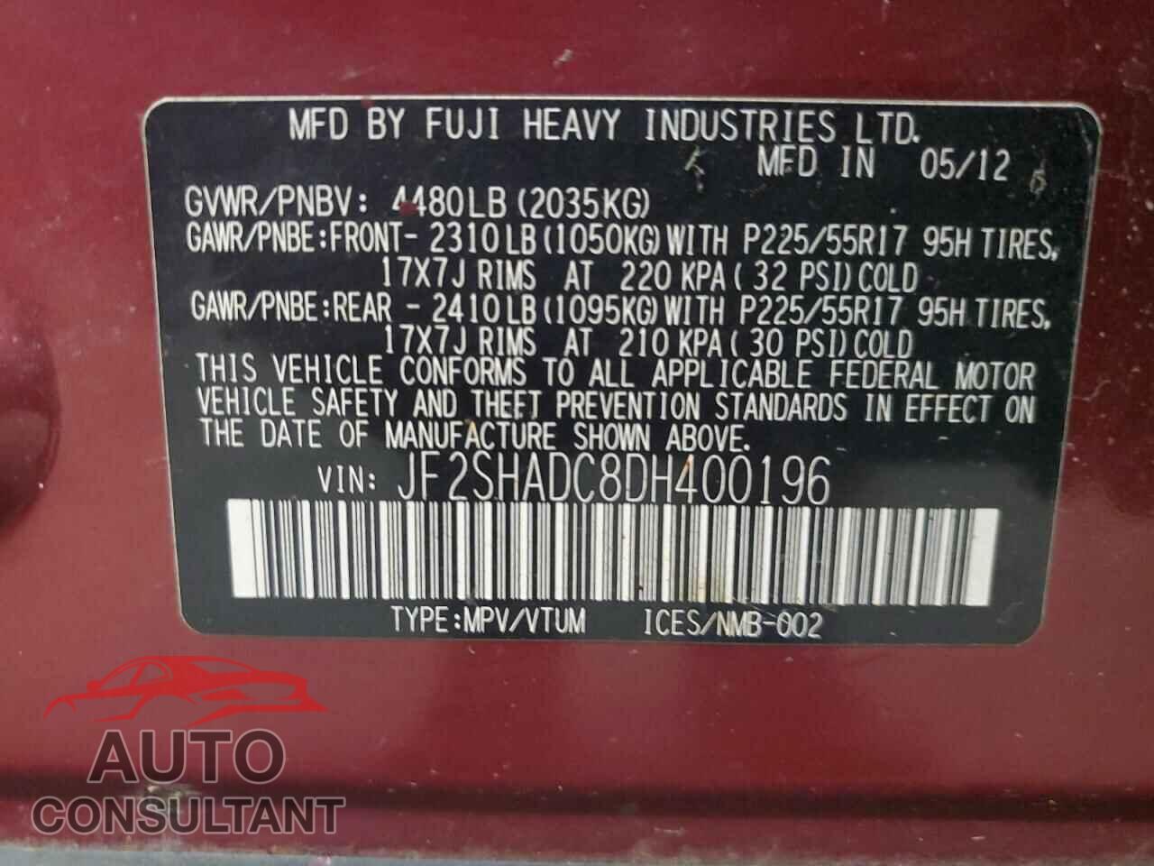 SUBARU FORESTER 2013 - JF2SHADC8DH400196