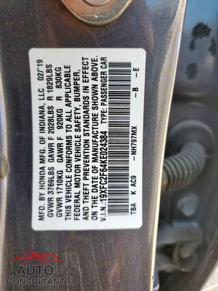 HONDA CIVIC 2019 - 19XFC2F64KE024384