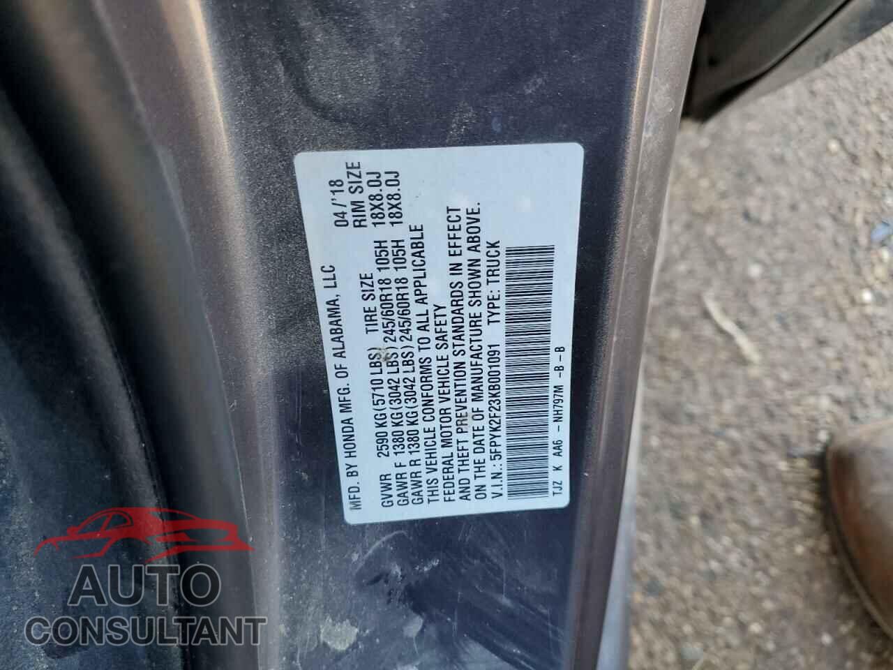 HONDA RIDGELINE 2019 - 5FPYK2F23KB001091