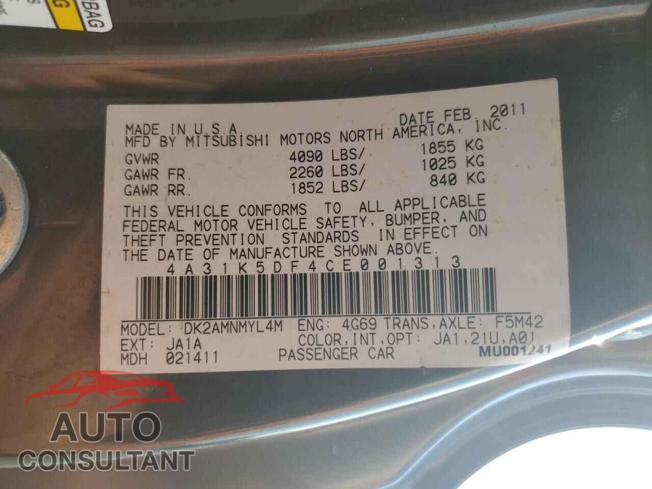 MITSUBISHI ECLIPSE 2012 - 4A31K5DF4CE001313