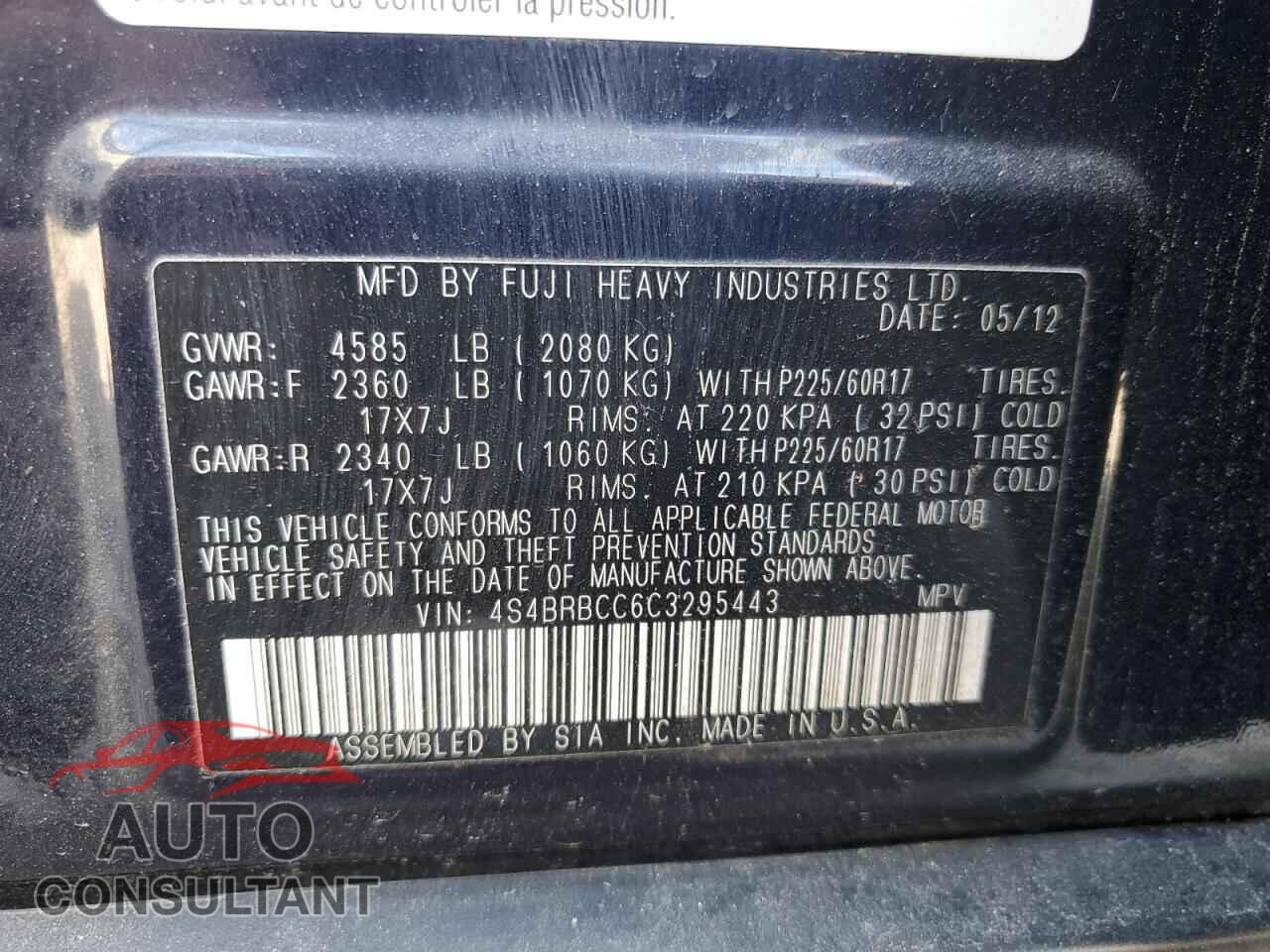 SUBARU OUTBACK 2012 - 4S4BRBCC6C3295443