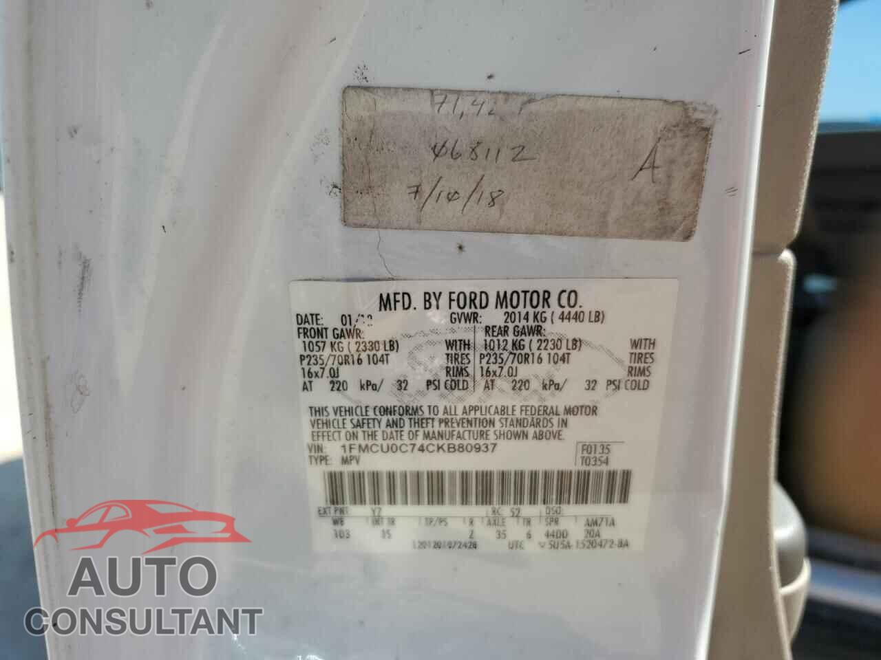 FORD ESCAPE 2012 - 1FMCU0C74CKB80937