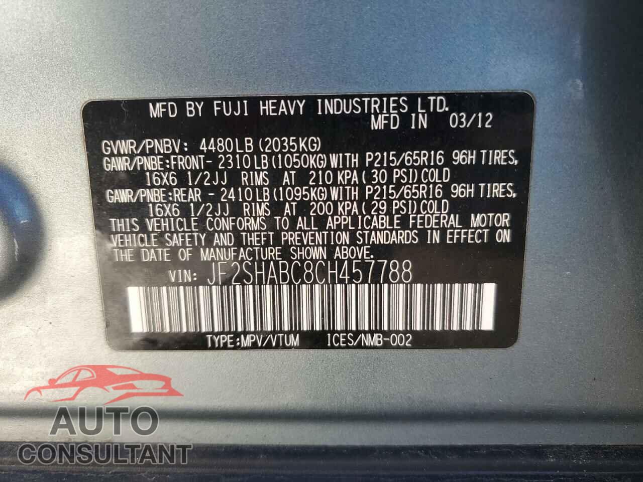 SUBARU FORESTER 2012 - JF2SHABC8CH457788