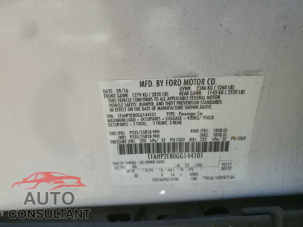 FORD TAURUS 2016 - 1FAHP2E80GG144101