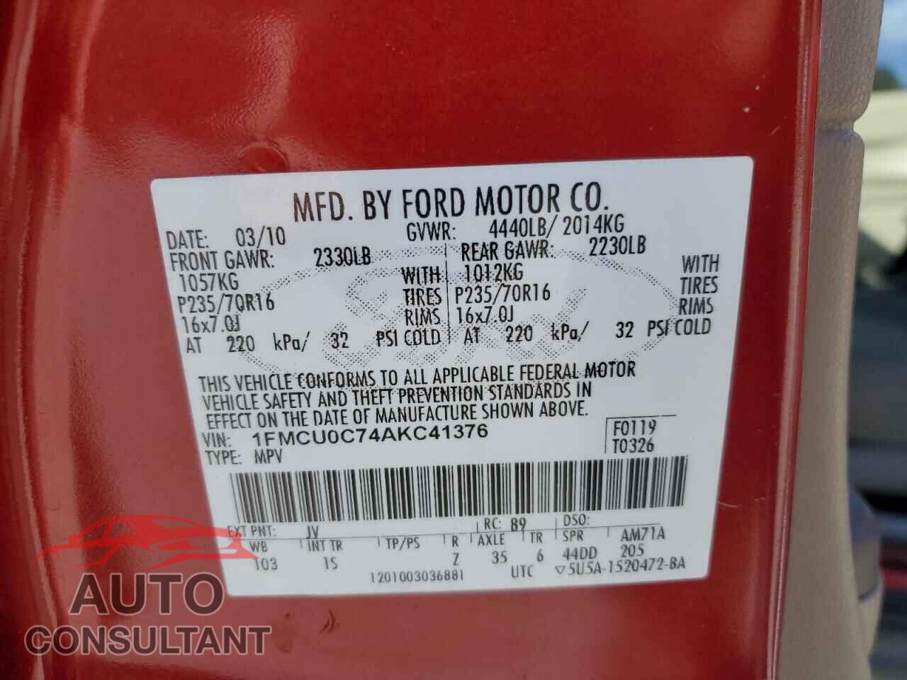 FORD ESCAPE 2010 - 1FMCU0C74AKC41376