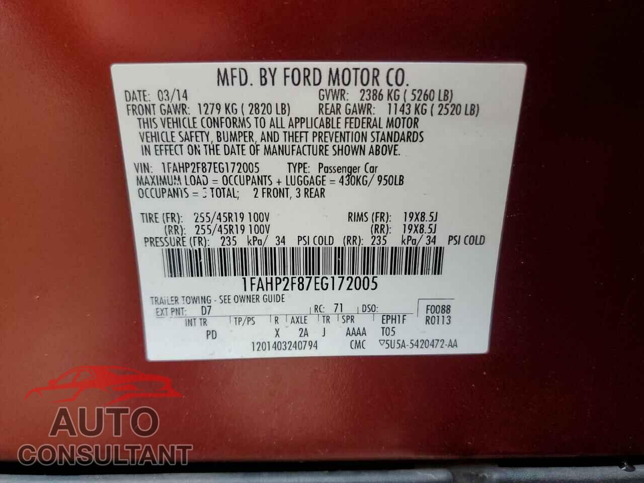 FORD TAURUS 2014 - 1FAHP2F87EG172005