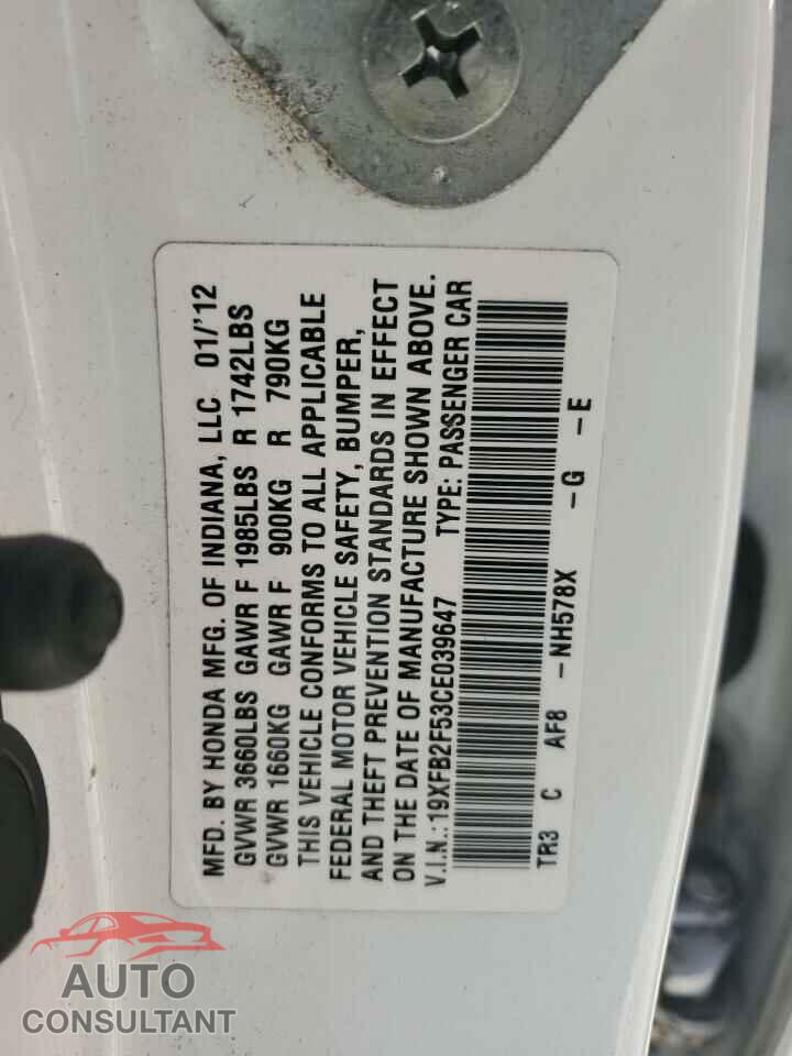 HONDA CIVIC 2012 - 19XFB2F53CE039647