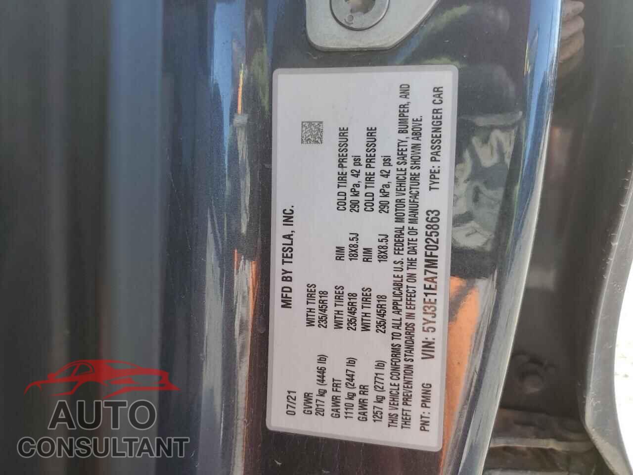 TESLA MODEL 3 2021 - 5YJ3E1EA7MF025863