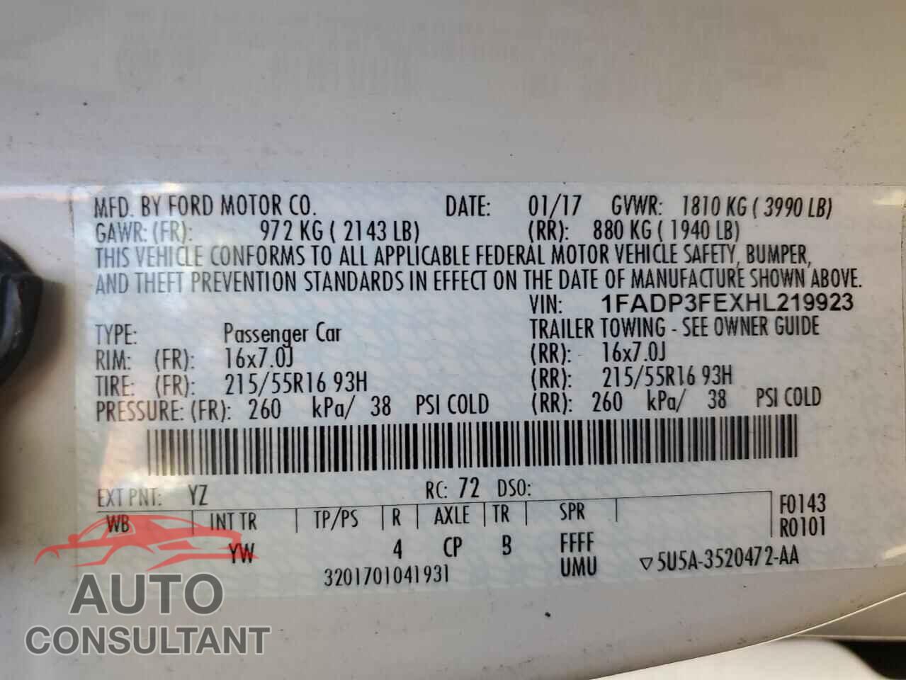 FORD FOCUS 2017 - 1FADP3FEXHL219923