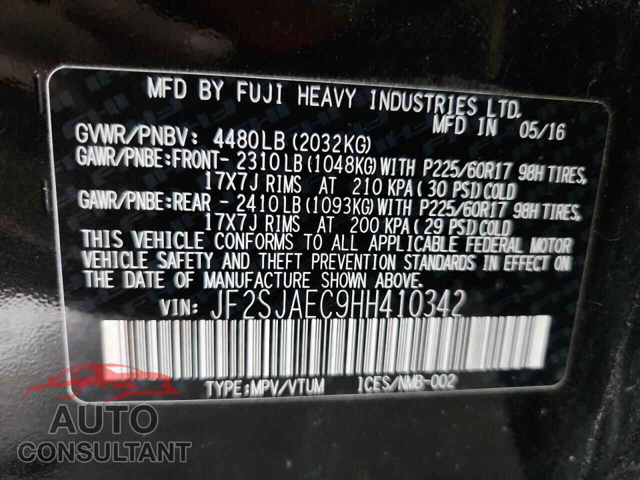 SUBARU FORESTER 2017 - JF2SJAEC9HH410342