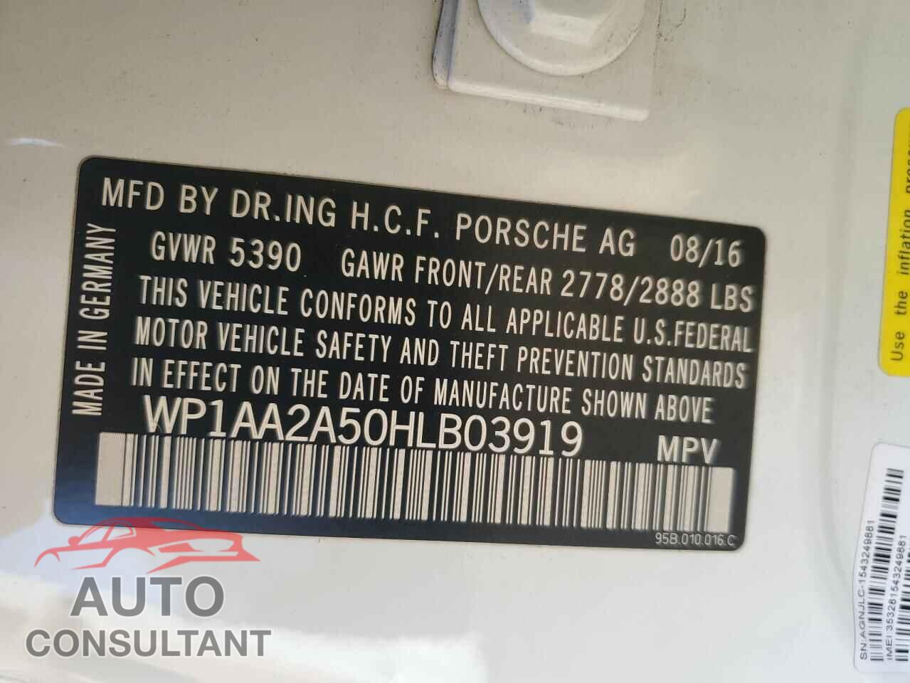 PORSCHE MACAN 2017 - WP1AA2A50HLB03919