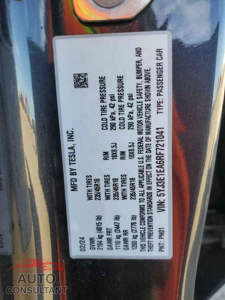 TESLA MODEL 3 2024 - 5YJ3E1EA6RF721041
