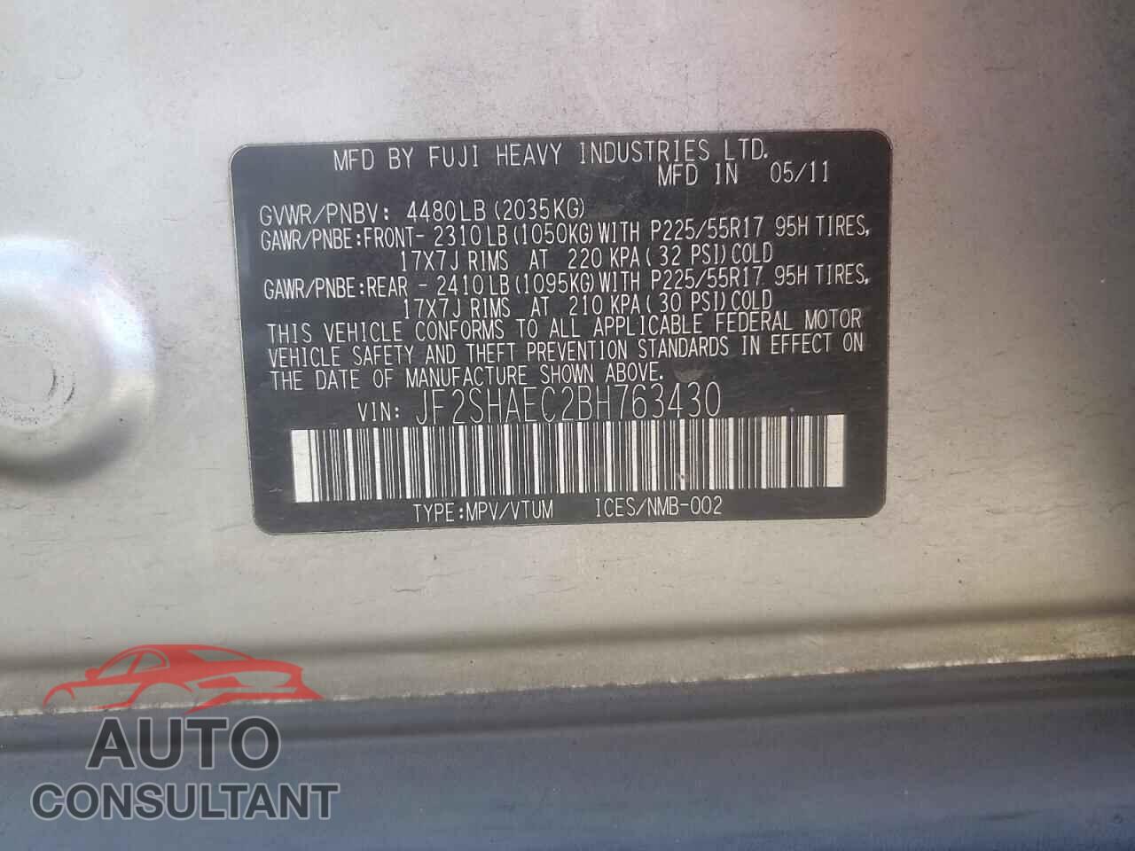 SUBARU FORESTER 2011 - JF2SHAEC2BH763430
