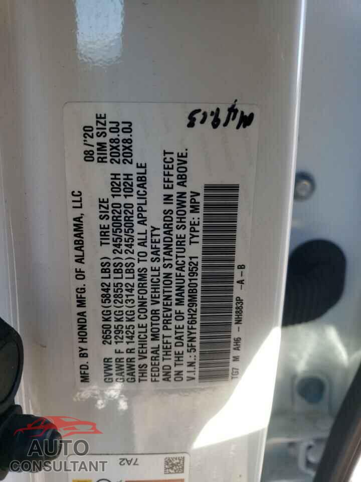 HONDA PILOT 2021 - 5FNYF6H29MB019521