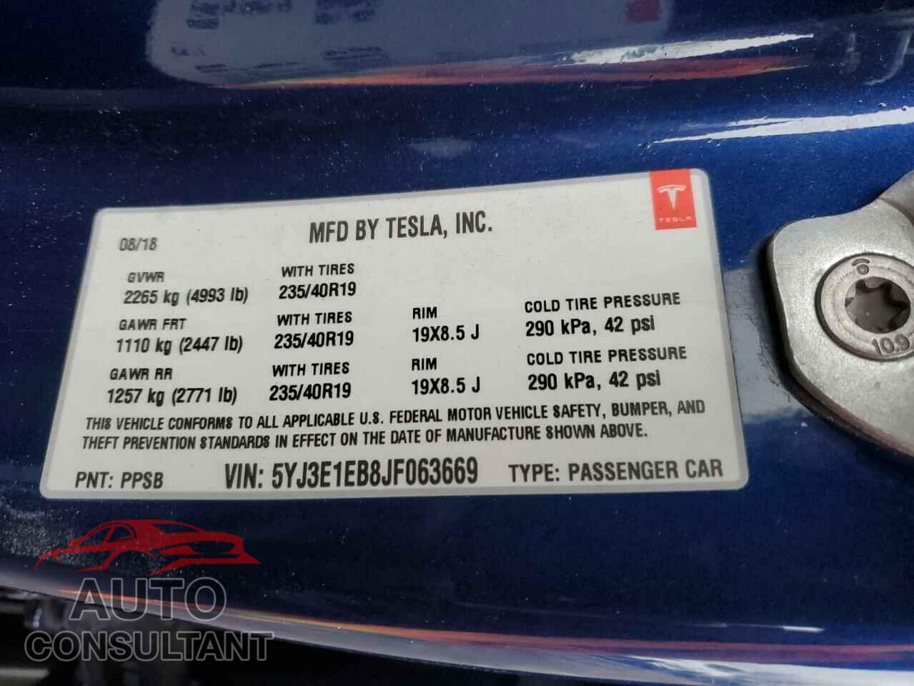 TESLA MODEL 3 2018 - 5YJ3E1EB8JF063669