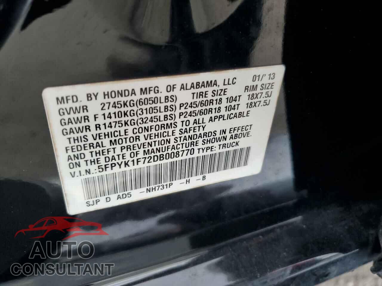 HONDA RIDGELINE 2013 - 5FPYK1F72DB008770