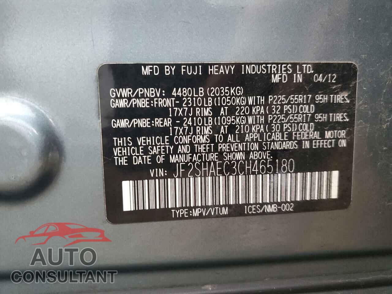 SUBARU FORESTER 2012 - JF2SHAEC3CH465180