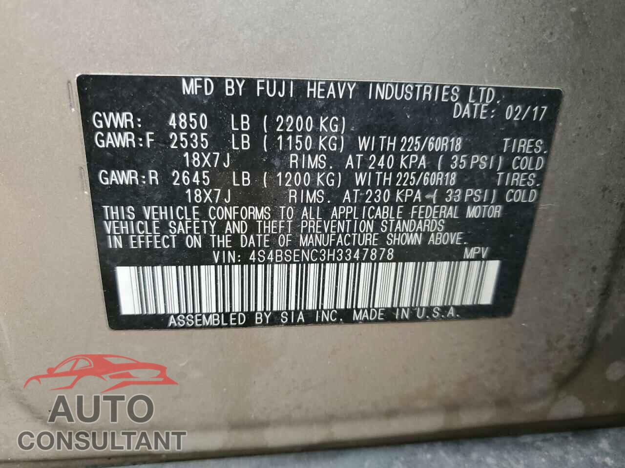 SUBARU OUTBACK 2017 - 4S4BSENC3H3347878