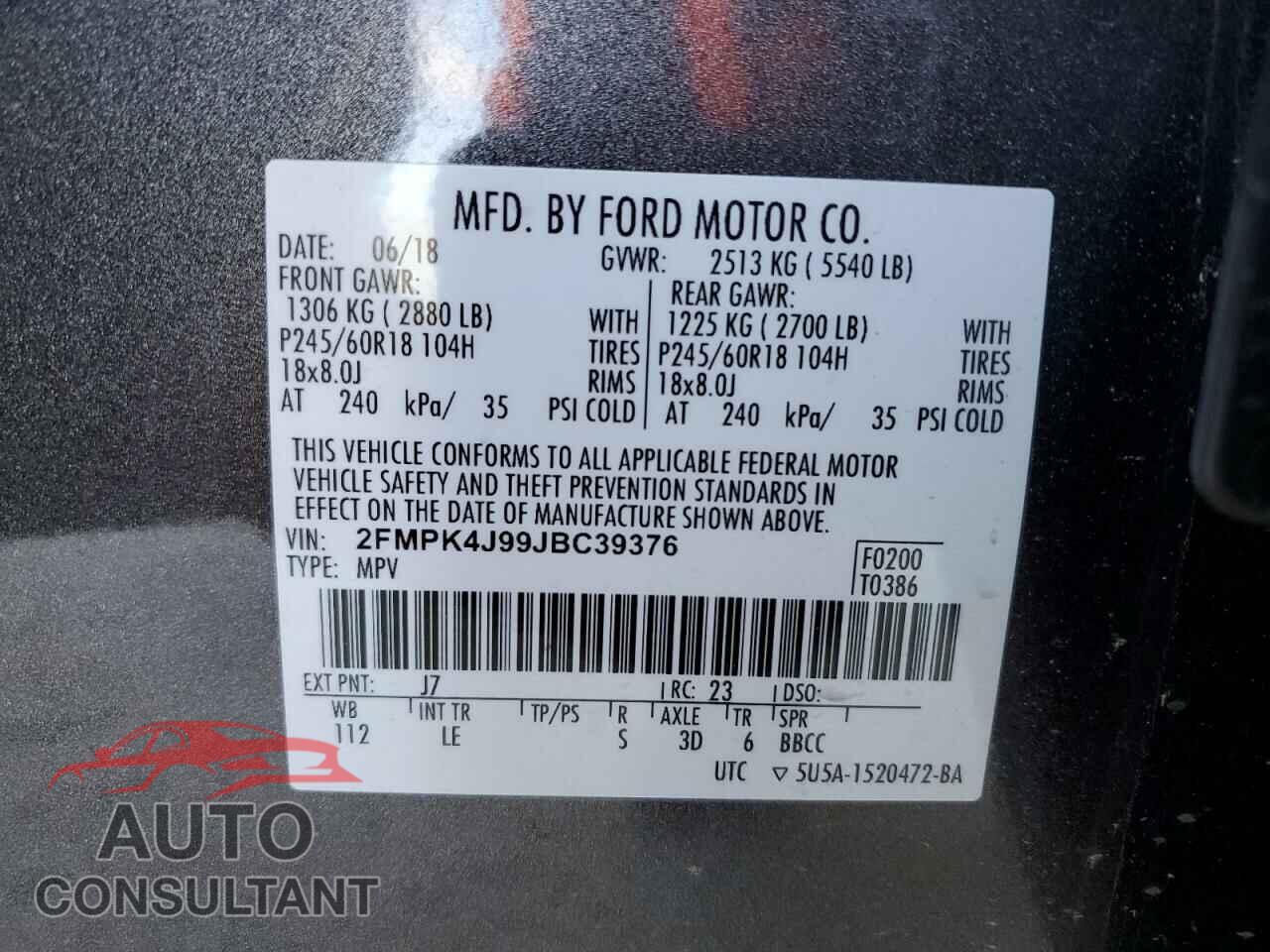 FORD EDGE 2018 - 2FMPK4J99JBC39376