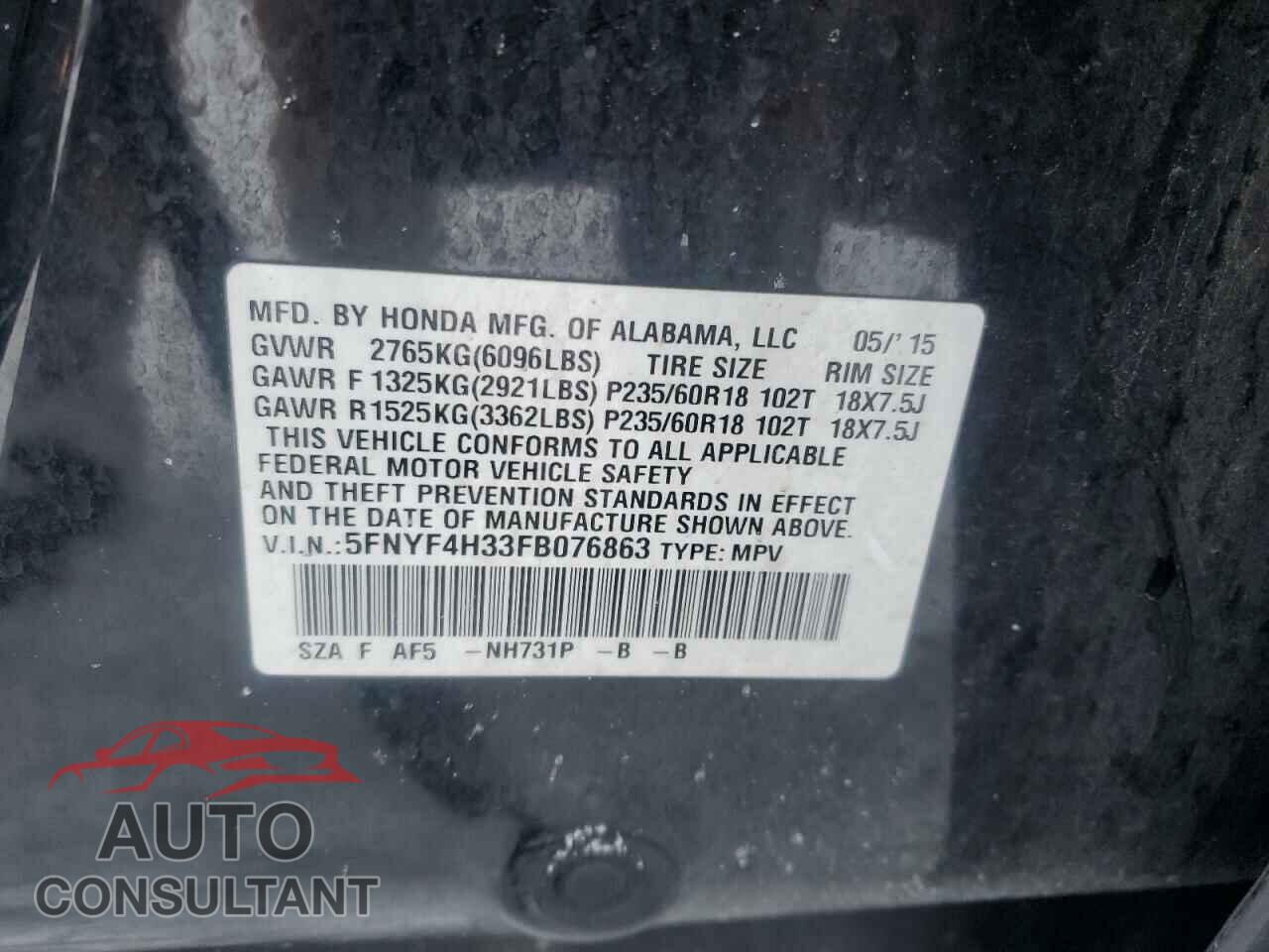 HONDA PILOT 2015 - 5FNYF4H33FB076863