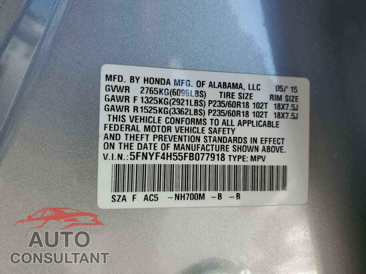 HONDA PILOT 2015 - 5FNYF4H55FB077918