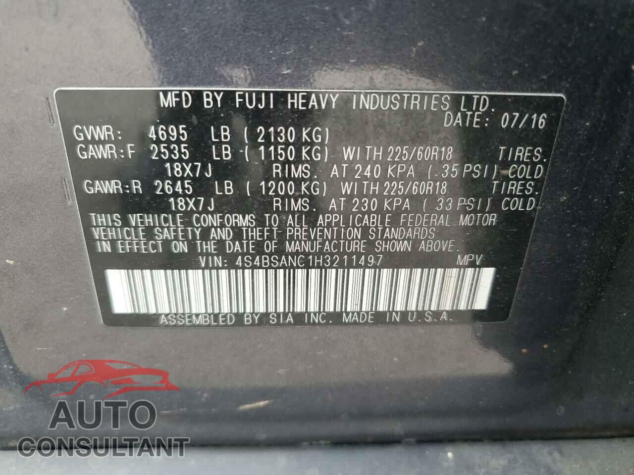 SUBARU OUTBACK 2017 - 4S4BSANC1H3211497