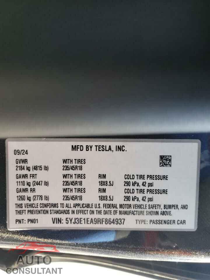 TESLA MODEL 3 2024 - 5YJ3E1EA9RF864937