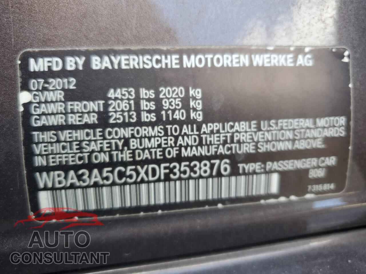 BMW 3 SERIES 2013 - WBA3A5C5XDF353876