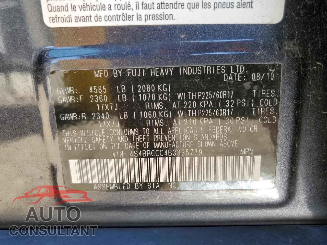 SUBARU OUTBACK 2011 - 4S4BRCCC4B3335779