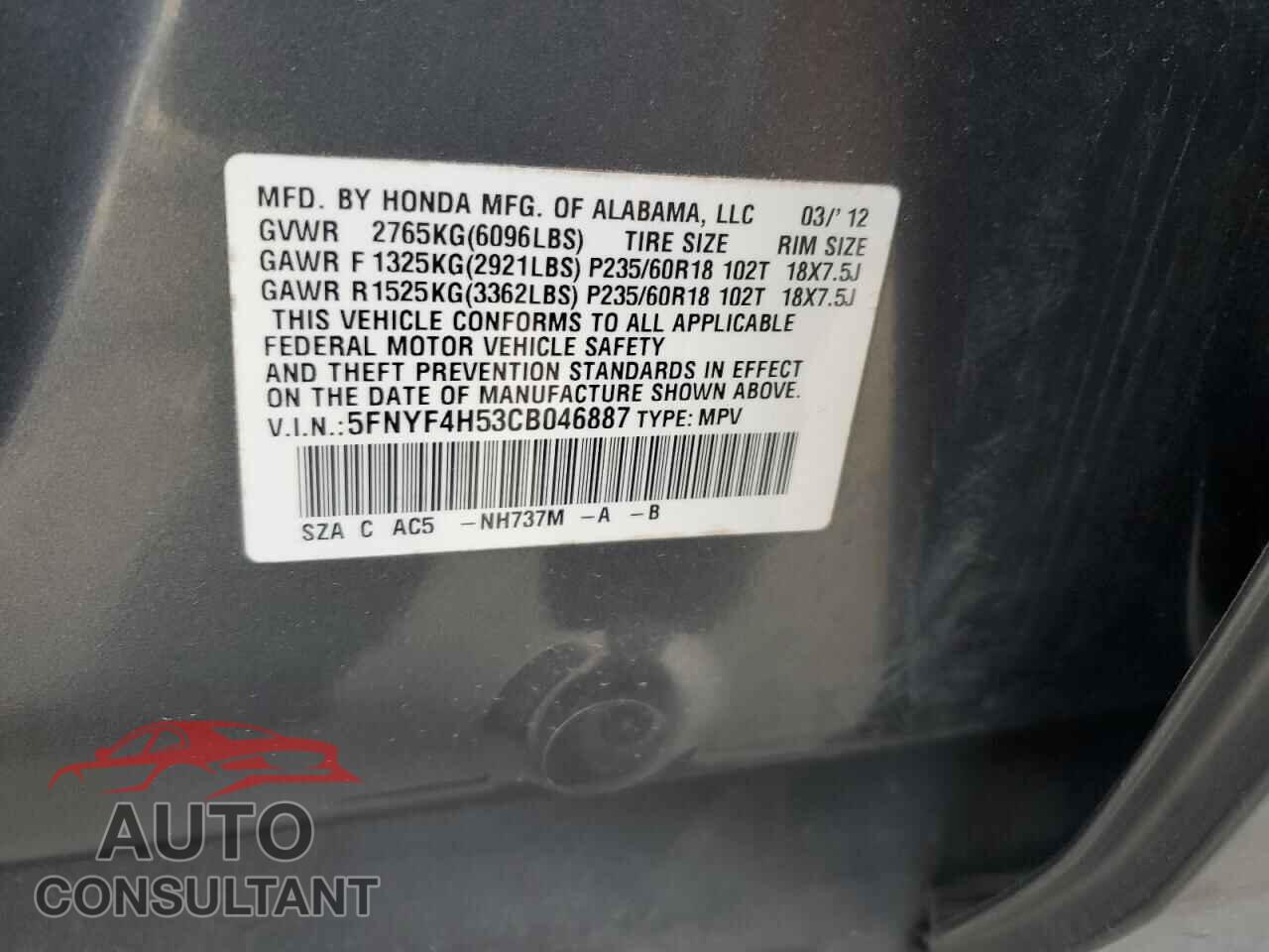 HONDA PILOT 2012 - 5FNYF4H53CB046887