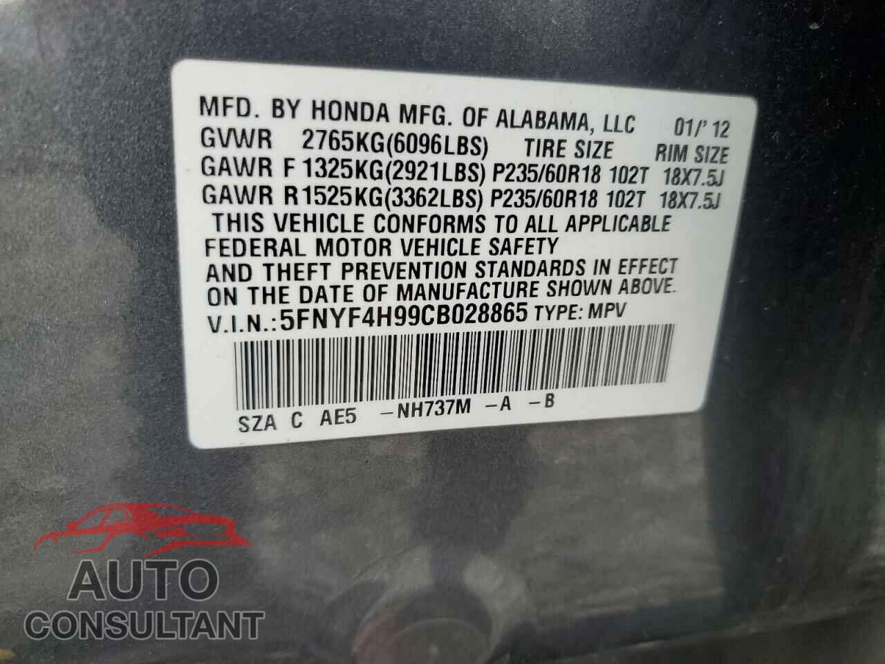 HONDA PILOT 2012 - 5FNYF4H99CB028865