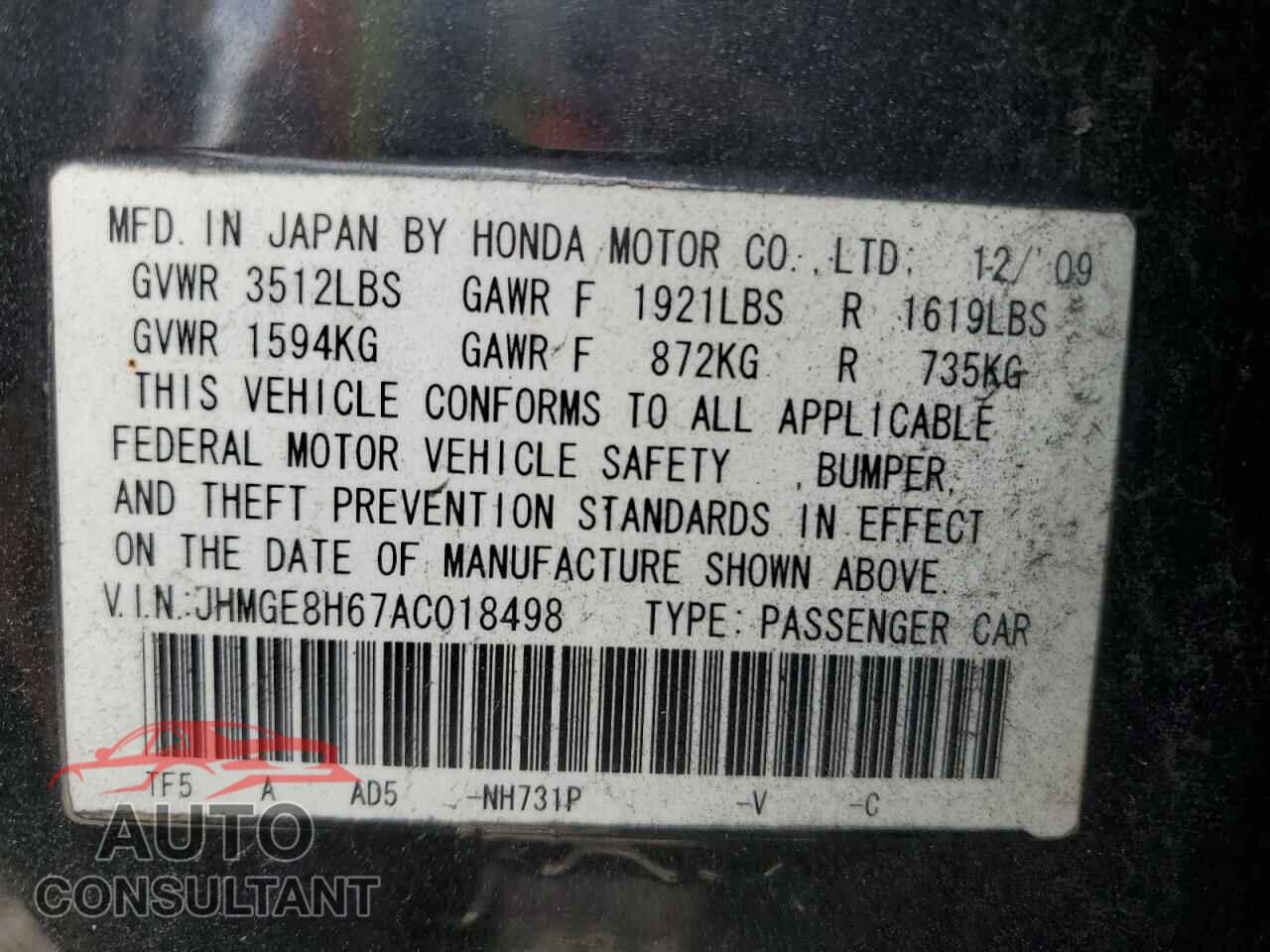 HONDA FIT 2010 - JHMGE8H67AC018498