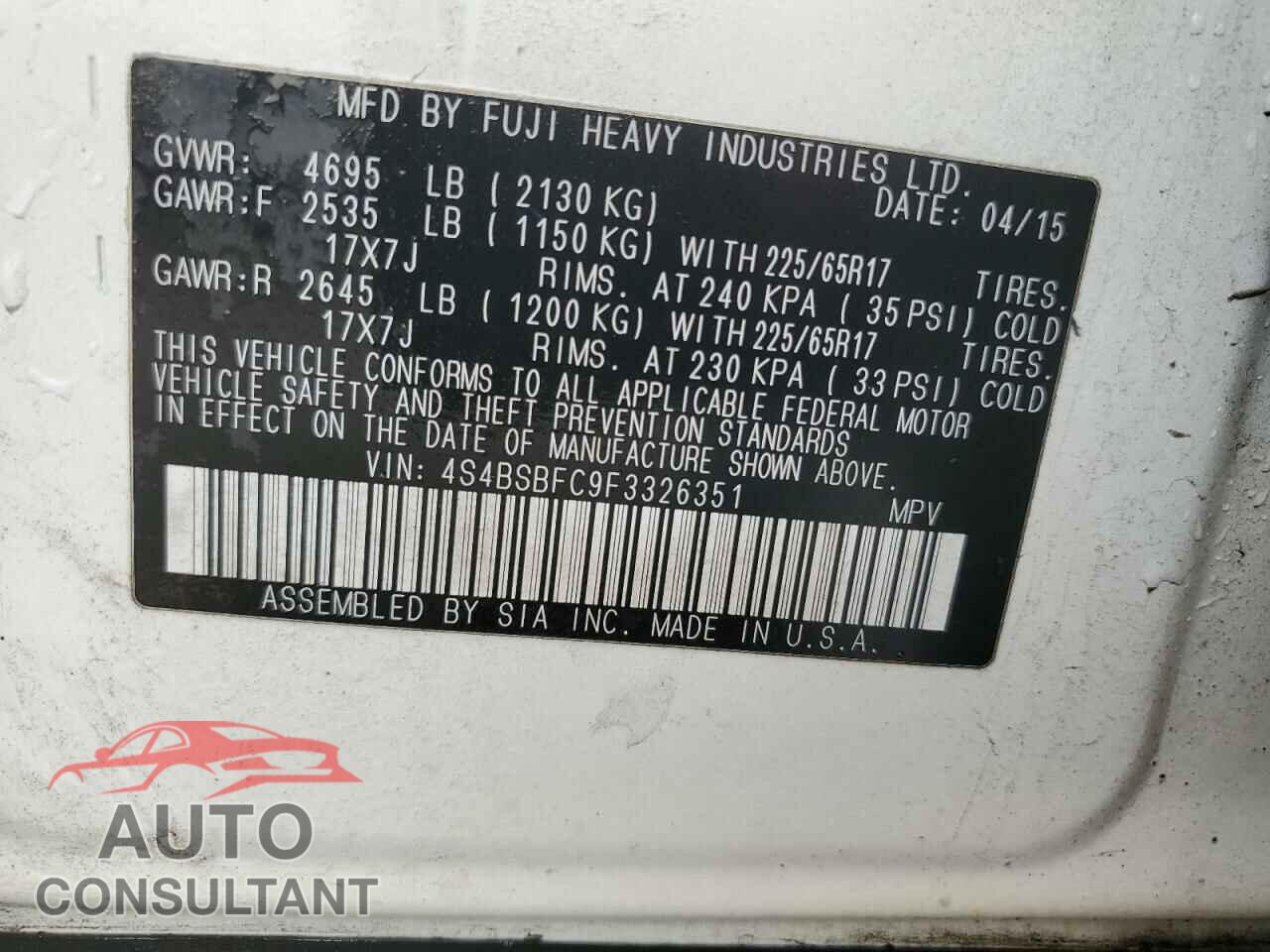SUBARU OUTBACK 2015 - 4S4BSBFC9F3326351