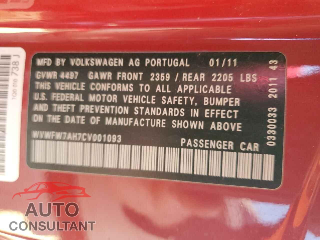 VOLKSWAGEN EOS 2012 - WVWFW7AH7CV001093
