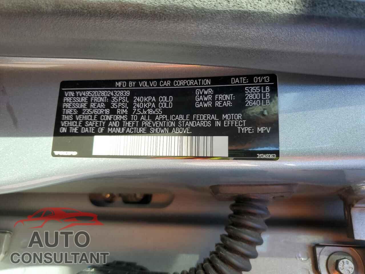 VOLVO XC60 2013 - YV4952DZ8D2432839