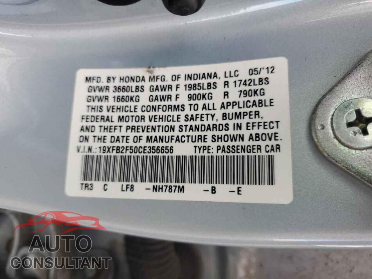 HONDA CIVIC 2012 - 19XFB2F50CE356656