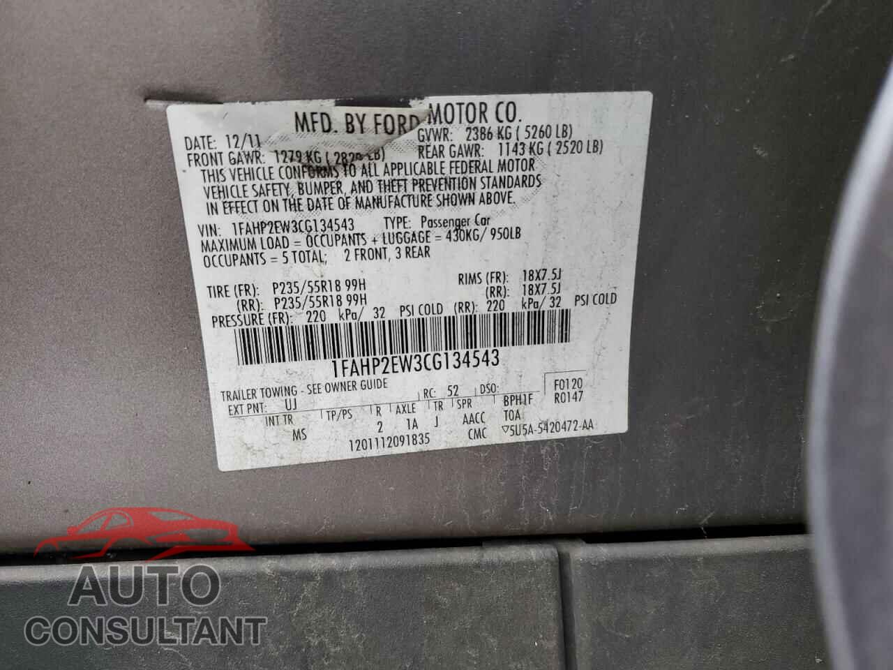 FORD TAURUS 2012 - 1FAHP2EW3CG134543
