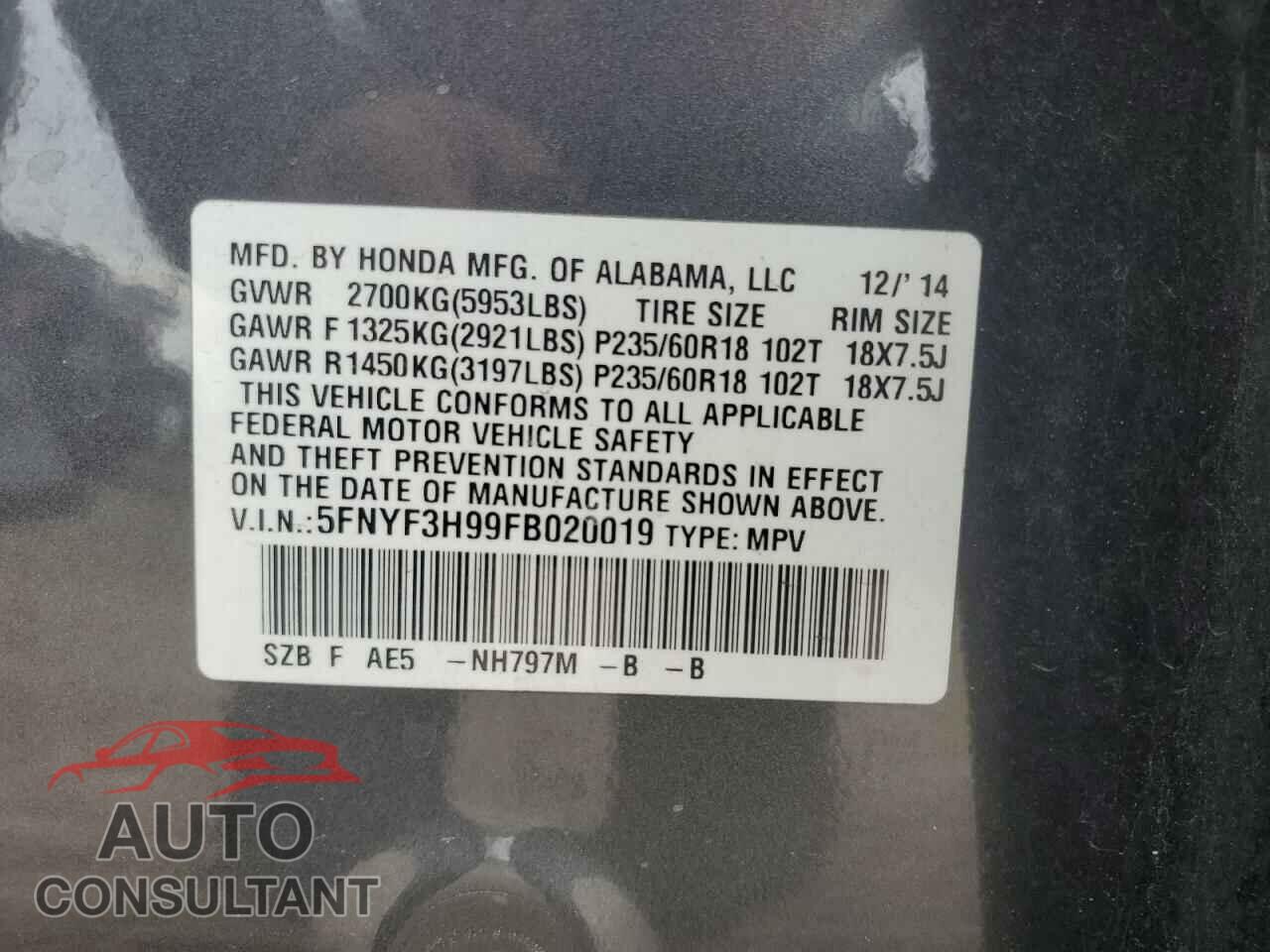 HONDA PILOT 2015 - 5FNYF3H99FB020019