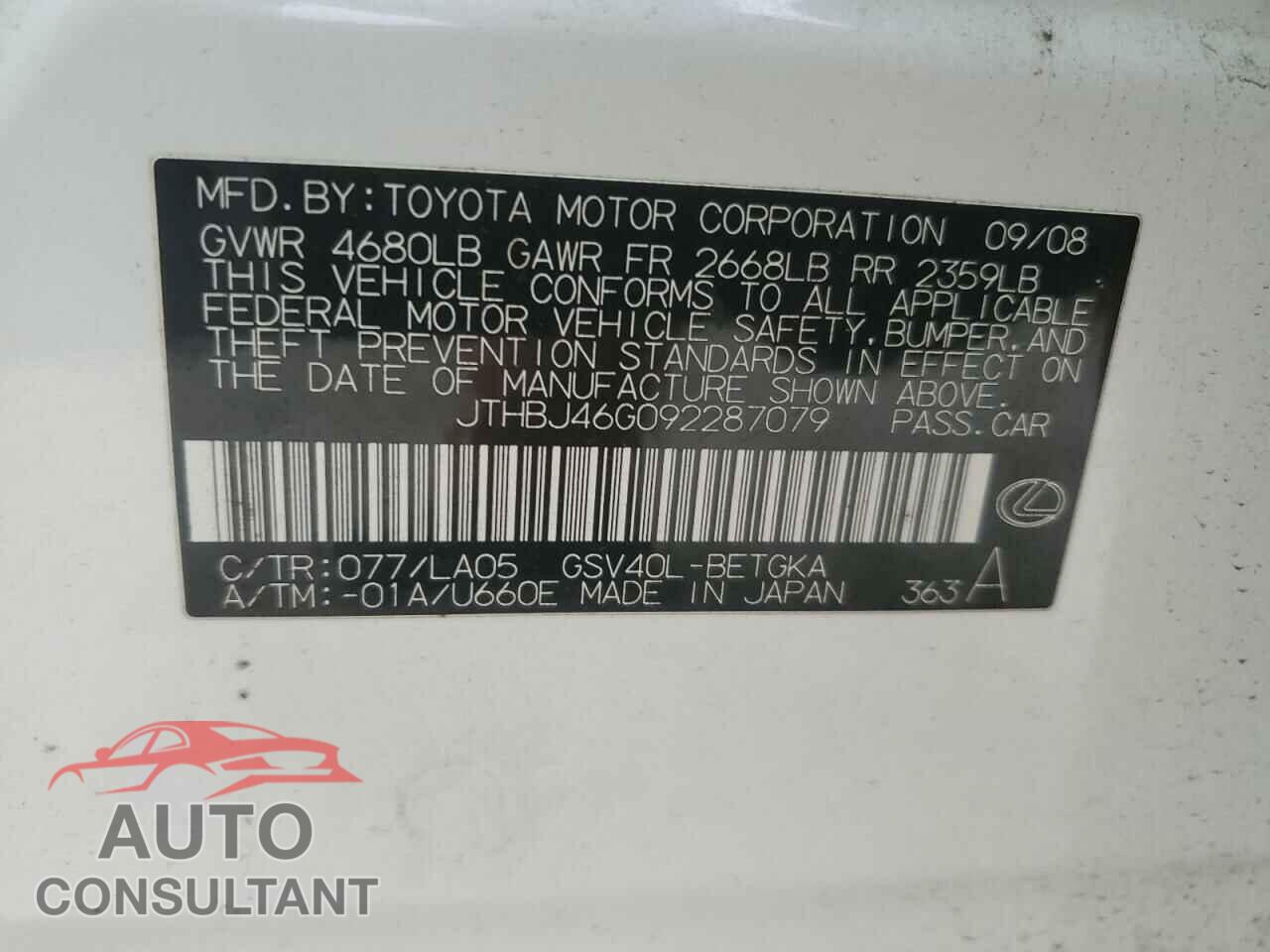 LEXUS ES350 2009 - JTHBJ46G092287079